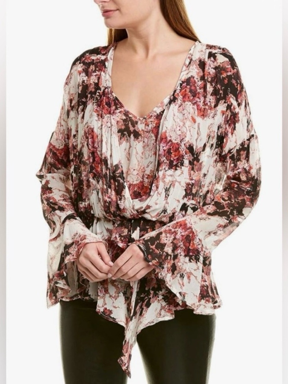 IRO Paragon Ecru Black Floral Peplum Hankerchief Hem Top 8/38 Romantic Boho Chic